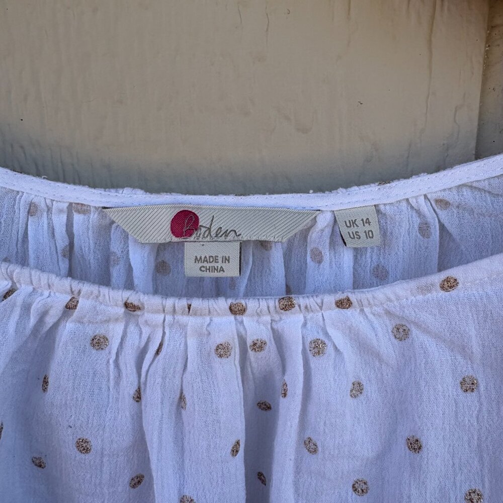 Boden Tilda Glitter Top Womens 10 White Gold Dots Fluted Sleeve Lace Boho Spring - Picture 4 of 11